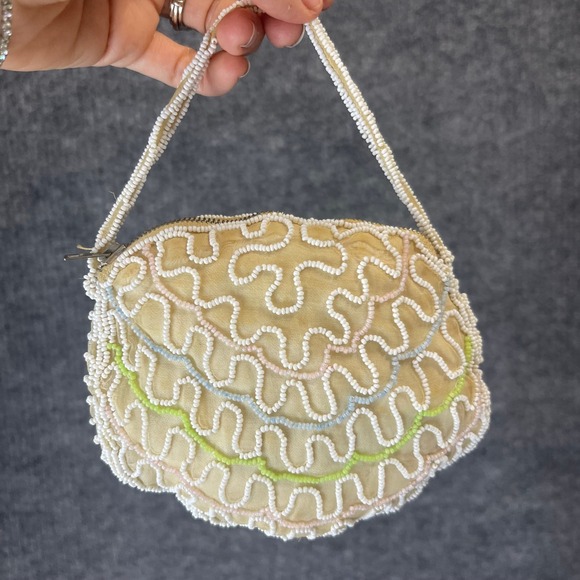 Handmade Handbags - Vintage Handmade Beaded Micro Handbag Coin Champagne Pastel Scalloped Belgium